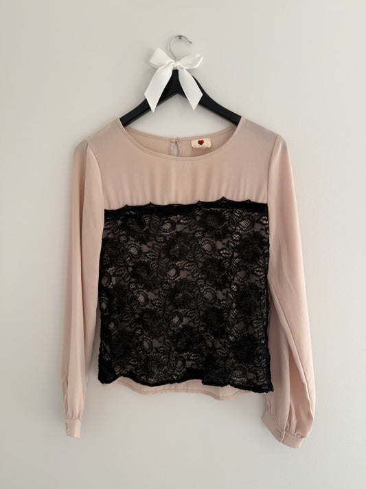 Beige and Black Lace Long Sleeved Top