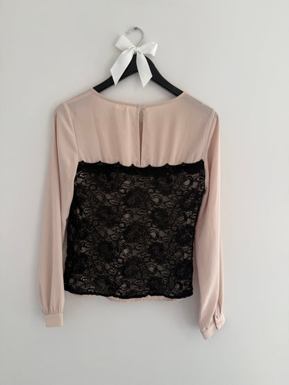 Beige and Black Lace Long Sleeved Top