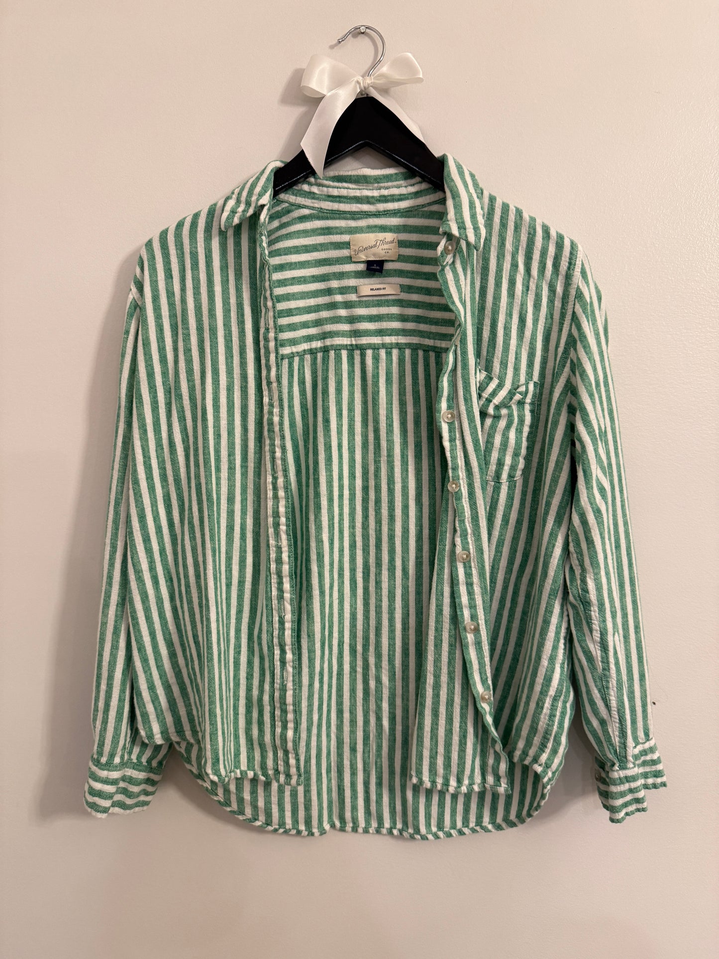 Universal Thread Green and White Striped Button up