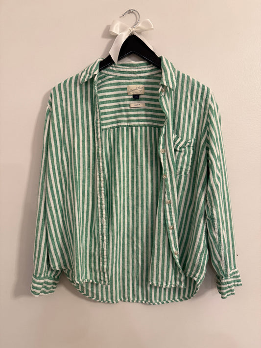 Universal Thread Green and White Striped Button up